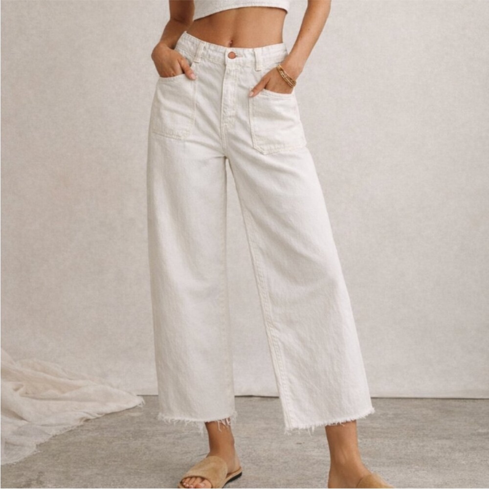 Free People Wide Leg White Frayed Hem Pants